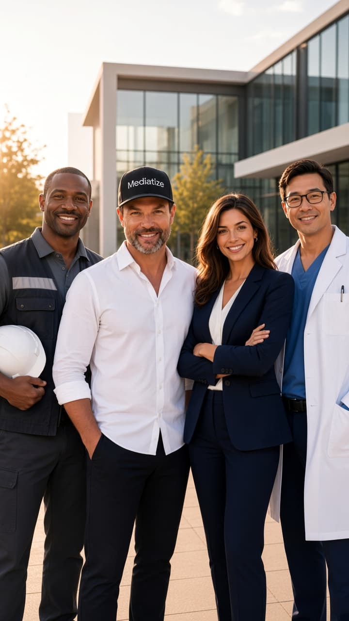 Charles Gold standing alongside three thriving business owners—a roofing contractor, a med-spa owner, and a dentist